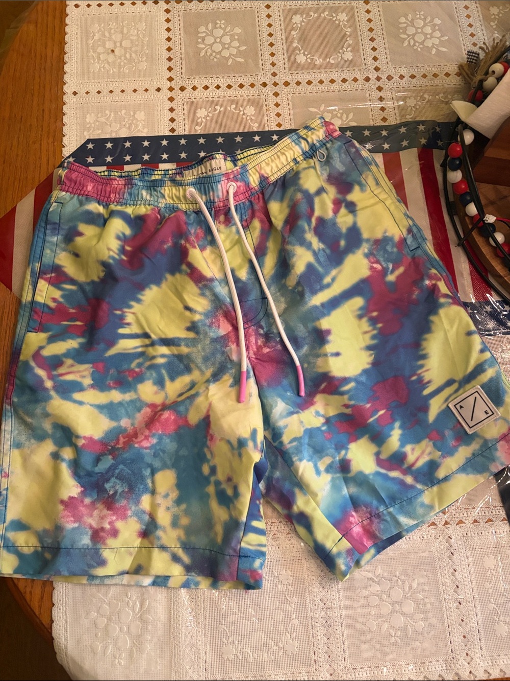 American Eagle Outfitters Tie-Dye Swim Shorts in Yellow, Blue, Pink